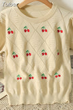 Women Sweet Flower Short Sleeve Cherry Embroidery Knitted Sweater Summer Korean Fashion Y2K Casual Pullover Ladies