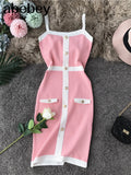 Color Striped Tight Stretchy Knit Tank Dress Single Breasted Buttons Ladies Party Sexy Body-con Step Knit