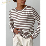 Fashion Blue Stripe Tee Women T-Shirts Winter O-Neck Long Sleeve T Shirt Elegant Loose Knit Sweater Female Clothing