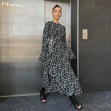 Fashion Loose Print Women'S Dresses 2023 Elegant O-Neck Long Sleeve Long Dress Casual High Waist Bandage Female