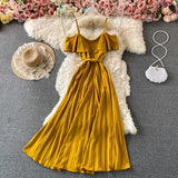 Summer Vintage Green/Beige/Purple Spaghetti Strap Pleated Long Dress Women Casual Off Shoulder Beach Party Vestidos 2021