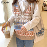 Vest Women V-neck All-match Preppy Style Print Teens Retro Chic Womens Simple Knitting Sleeveless Ulzzang Streetwear