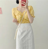 New Girls Summer Blouse Women Shirt White Short Sleeves Tops High Waist Bud Silk Embroidery A Line Skirts Two Piece