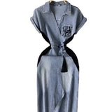 National Trend Denim Dress Women's New Chinese-Style Retro Embroidery Waist Thin Open Fork Ass Fashion