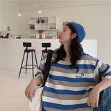 Fashion Hip Hop Women T-Shirt Loose Summer Oversize Striped Funny Female Tops Tees Purple Funny Japan Harajuku T Shirt