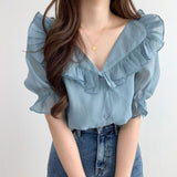 Women Ulzzang Chic Summer Lovely Ruffles Fashion Blusas Ladies Tops All-match Office Lady Clothing Daily Popular
