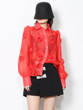 Casual Patchwork Appliques Blouses For Women Lapel Loose Long Sleeve Single Breasted Shirts Female 2022 Clothes