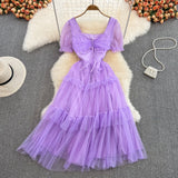 Summer Sweet Women Mesh Ruffle Party Dress Purple/Red/Beige Square Collar Short Sleeve High Waist A-Line Vestidos Female