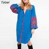Elegant Women's Boho Dress O-Neck Single-Breasted Puff Sleeve Floral Embroidery Vintage Dresses Bohemian Beach