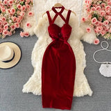 Black/Red Velvet Party Spaghetti Strap Bodycon Dress For Women Autumn Winter Halter Sleeveless Hollow Out Vestidos