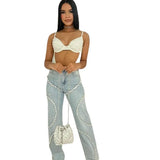 Women's Casual Jeans Women's New Trend Clear Diamond Splicing Straight