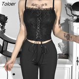 Bandage Black Lace Camis Women Gothic Spaghetti Strap Backless Bodycon Crop Tank Vintage E Girl Summer