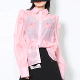 Casual Patchwork Appliques Blouses For Women Lapel Loose Long Sleeve Single Breasted Shirts Female 2022 Clothes