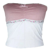 Crop Top 2000s Women Floral Patchwork Ruffle Trim Off Shoulder Strapless Sleeveless T Shirt y2k Clothing