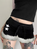 Furry Feather Patchwork Star Print Velvet Shorts Black Kawaii Fairycore Cycling Booty y2k Shorts Sexy Clubwear