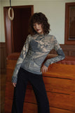 Renaissance Print Vintage Top Turtleneck Long Sleeve Blouse Women Spandex Bodycon Blouse Ladies Tops