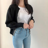 2022 Autumn Fashion Streetwear Pearls Beading Edging Ripped Cardigan Women Casual Sweater Lady