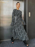 Fashion Loose Print Women'S Dresses 2023 Elegant O-Neck Long Sleeve Long Dress Casual High Waist Bandage Female