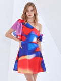 Asymmetrical Print Color Block Mini Dress For Women Skew Collar Short Sleeve High Waist Sexy Slim Dress Female