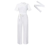Women's Sexy Lace Lace Hollow Short-Sleeved Strap High-Waisted Broad-Legged Jump-Legged