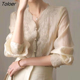 Embroidered Women Blouse Fashion New V Neck Long Sleeve Shirt Tops Women Loose Sweet Elegant Lace Blouses Female