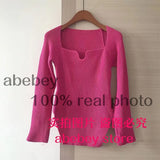 new spring sexy stylish sqaure collar full sleeves knitting pullover sexy slim T-shirt female top