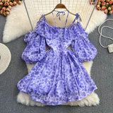 Sexy Halter Floral Mini Dress Women Spring Autumn Puff Sleeve High Waist Open Back Spaghetti Strap Vestidos Female Beach