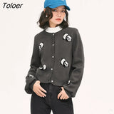 Women Knit Cardigan 2022 Autumn Long Sleeves O Neck Loose Sweaters 3D Panda Print Warm Comfort Casual Chic
