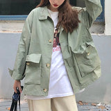 Korean Style Loose Cargo Jacket Women Streetwear Batwing Long Sleeve Pockets Coat Vintage Autumn Winter Casual