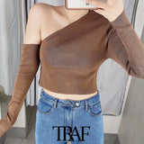 Women Fashion Hollow Out Cropped Knitted Sweater Vintage Asymmetric Neck Long Sleeve Female Pullovers Chic
