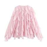 2025 New Women's V-Neck Single Buckle Long-Sleeved Cascade Decorative Shirt 10