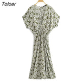 2023 Summer Floral Printed Split Sexy Maxi Dress Deep V Neck Short Sleeve Vintage Vestidos Casual Clothes Women