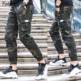 Men Thin Multi-Pocket Ankle Tie Elastic Waist Straight Cargo Pants