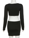 Fall Sexy Solid Hollow Out 2 Two Piece Sets Club Outfit For Women 2023 Long Sleeve V Neck Crop Top And Skirt Sets