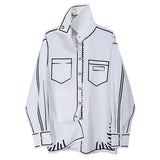 Women White Pattern Printed Big Size Blouse New Lapel Long Sleeve Loose Fit Shirt Fashion Tide Spring Autumn 2023