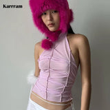 Korean Fashion Irregular Halter Tops Y2k Aesthetics Grunge Bandage Tank Tops Chic Folds Design Sleeveless Crop Tops