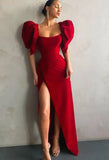 Elegant Red Square Neck Puff Sleeve High Split Evening