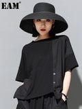 2023 New Spring Summer Round Neck Half Sleeve Black Button Split Joint Loose Big Size T-shirt Women Fashion Tide