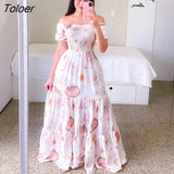 Women's Rainbow Long Dress Fashion Sexy Off Shoulder A-line Printed Maxi Dresses Boho Retro Party Evening Vestidos