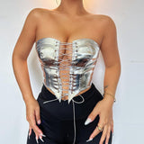 Toloer Women's 2024 Hipster Sexy Lace-Up Hot Girl Top Waist Cardigan Show Skinny Vest-Outfit