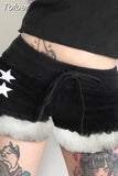 Furry Feather Patchwork Star Print Velvet Shorts Black Kawaii Fairycore Cycling Booty y2k Shorts Sexy Clubwear