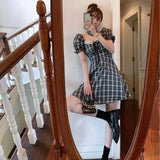 Party Plaid Vintage Kawaii Dress Women Korean Slim Puff Sleeve Mini Party Dress Femme Summer Sweet Square Collar Gothic Dress 2022