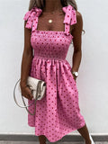 Women Summer Flower Print A-Line Dress with Pockets Shrinkage Designer Sling Square Collar Sleevelss Slim Midi