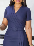 Women's 2025 Summer New Short-Sleeved V-Necked Waist Solid Color OL Tongle Pencil Dress African