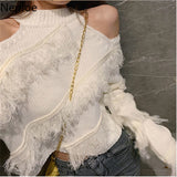Sexy Lady Sweater Women Hollow Out Off Shoulder Knitted Cropped Pullovers Chic Tassels Jumper Sueter Fall 2023