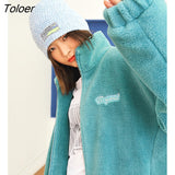 Women Lamb Wool Thick Coat 2022 Winter Long Sleeve Stand Collar Loose Jacket Letter Print Warm Comfort Casual