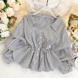 Vintage Shirt Women's V Neck Long Sleeve Striped Short Tops Casual Blouses Korean Fashion Clothing
