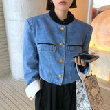 Hit Color Patchwork Denim Jacket For Women Stand Collar Long Sleeve Female Fashion Golden Button Coat Lady Clothing