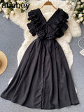 Loose Dress For Women V Neck Sleeveless High Waist Ruffle Trim Solid Midi Dresses Female Clothing Style