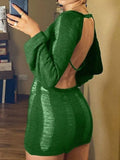 Backless Distressed Long Sleeve Party Mini Dress-Outfit